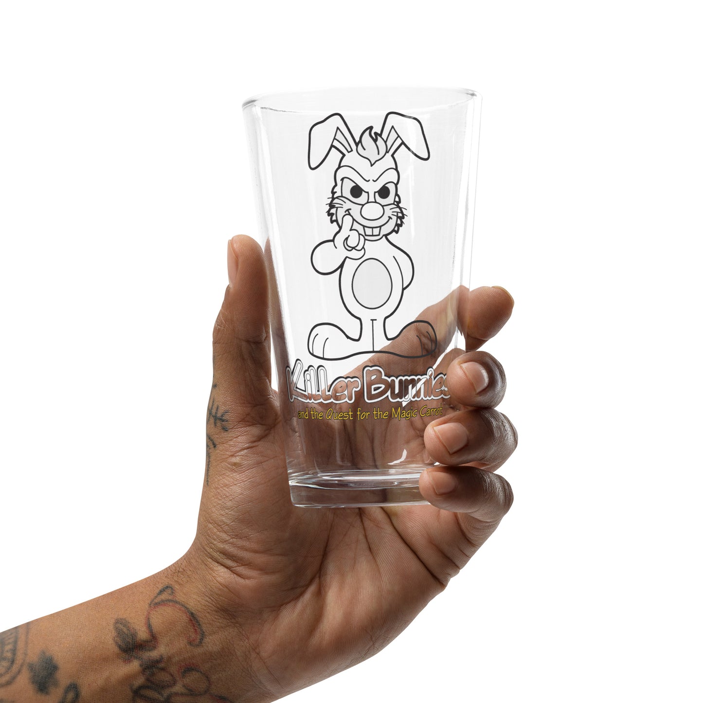 Person holding Evil Bunny Pint Glass