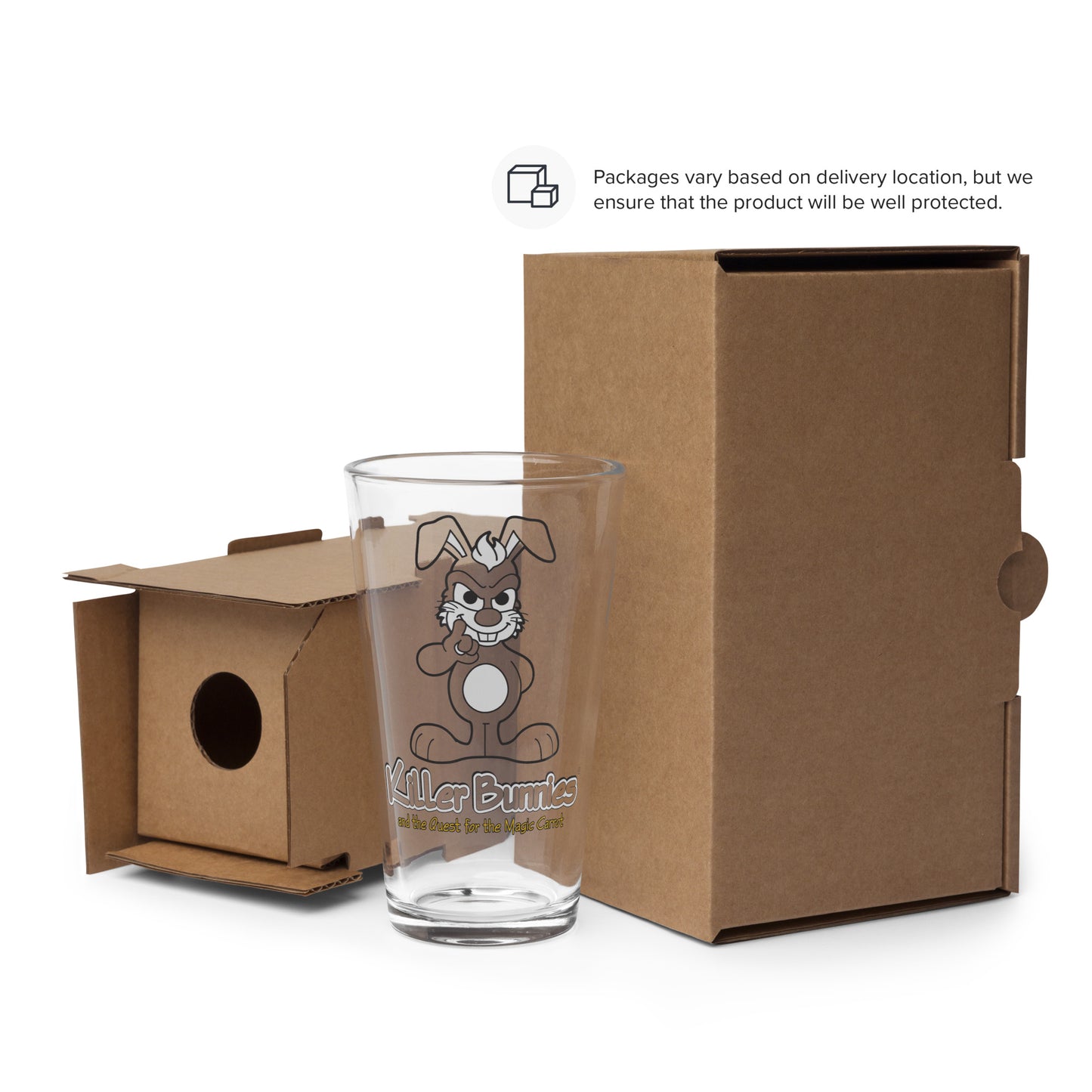 Person holding Evil Bunny Pint Glass Packaging