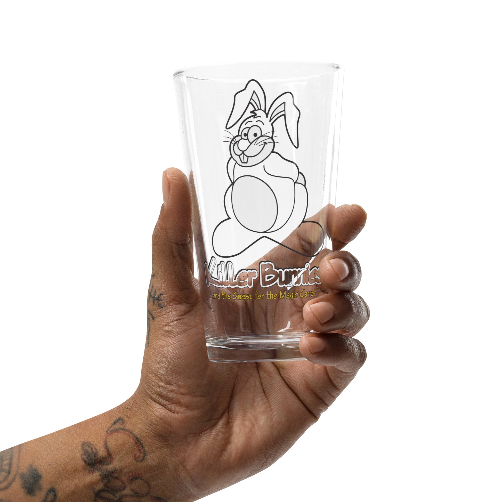 person holding Congenial Bunny Pint Glass